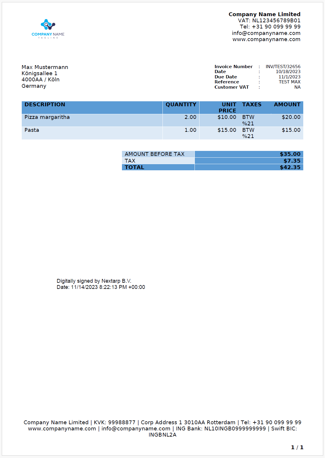Invoice with a visible qualified digital signature